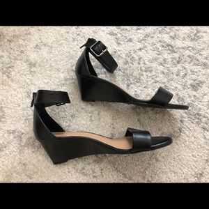 Black low ankle strap wedge heels / sandals